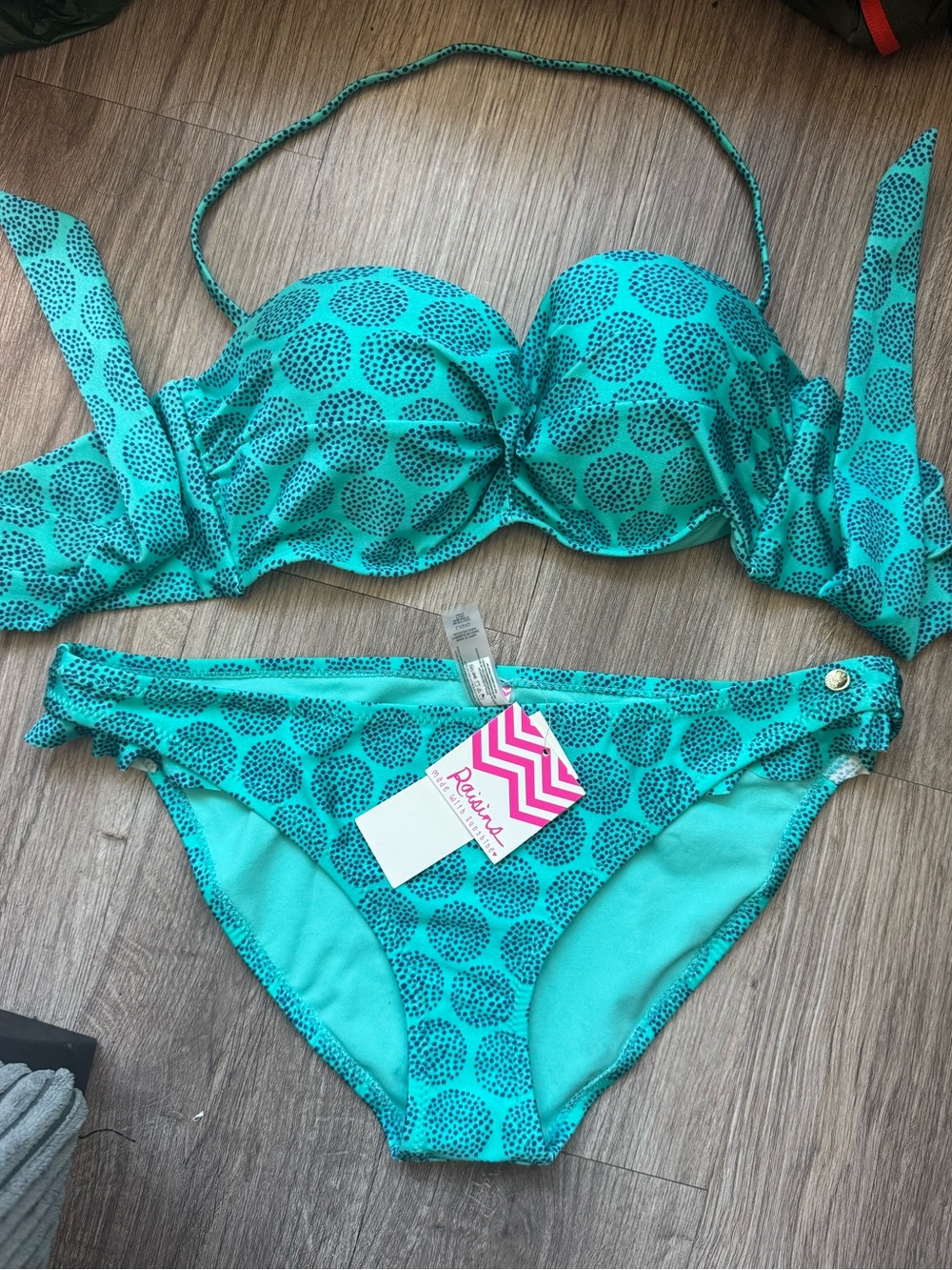 NWT Raisins Aqua Teal Dot Bandeau Swimsuit Bikini Set Lowrider Pant Women Large
